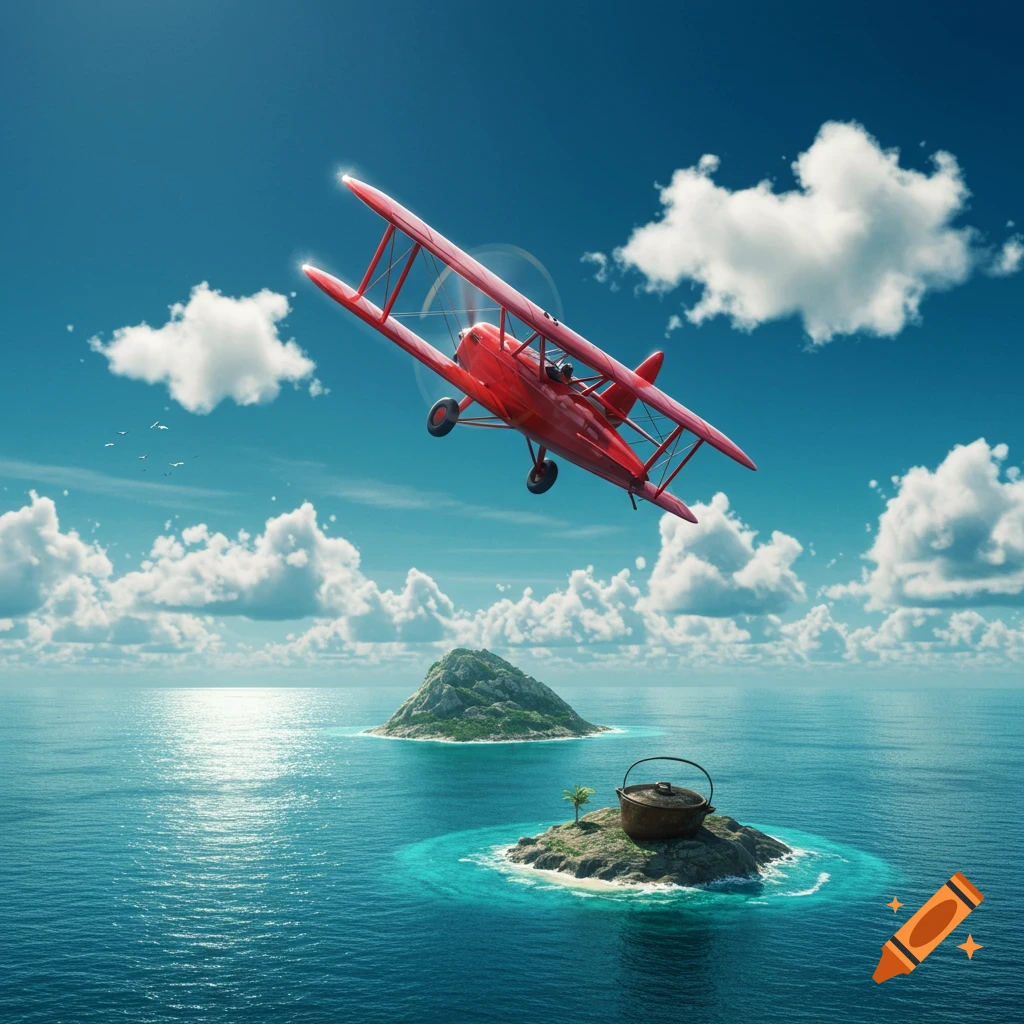 A red biplane flies over a tropical ocean with small, lush islands, one featuring a palm tree and a large pot.