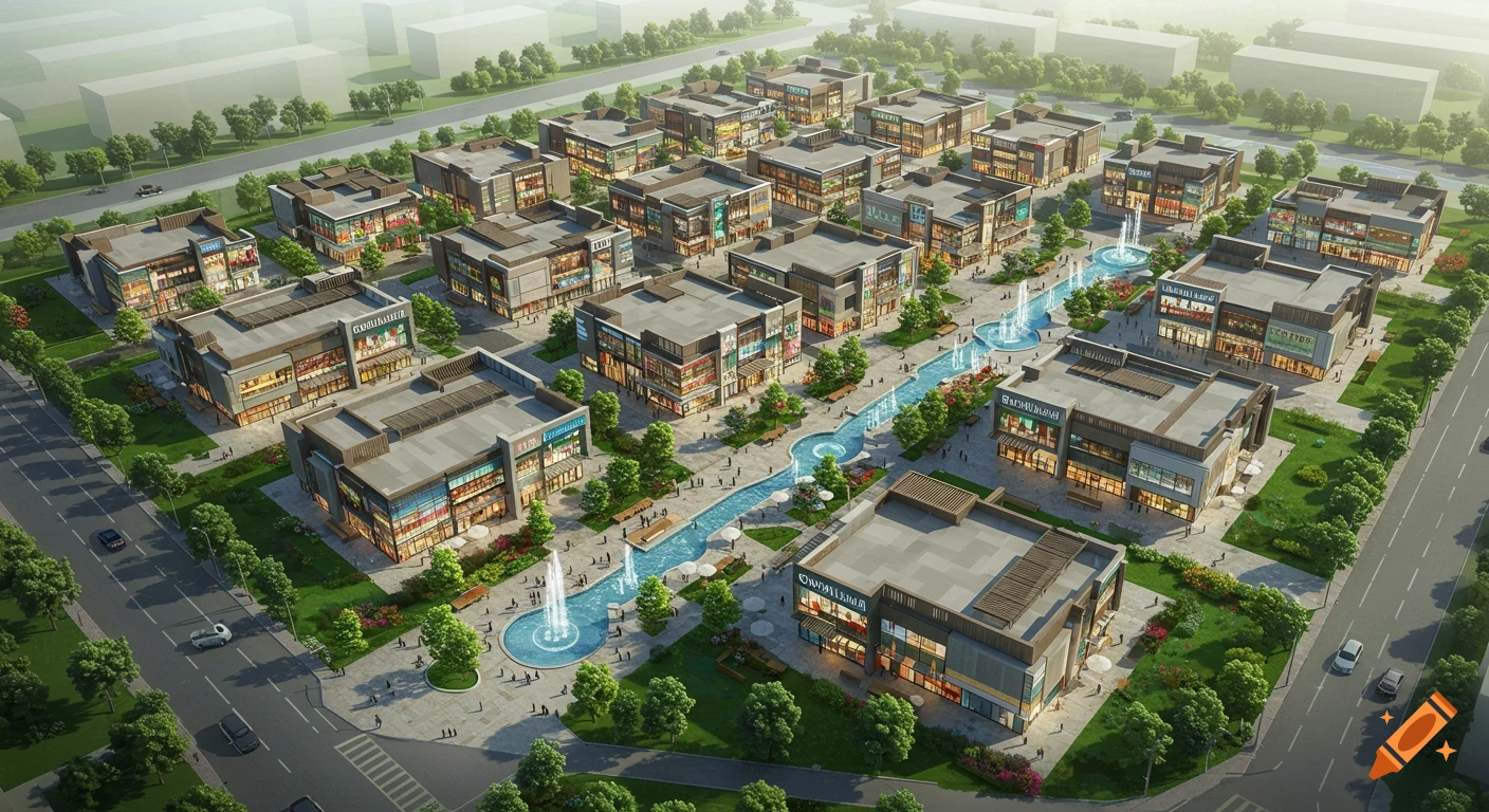 Aerial view of a modern outdoor retail park with numerous buildings, a winding water feature with fountains, trees, and walkways.