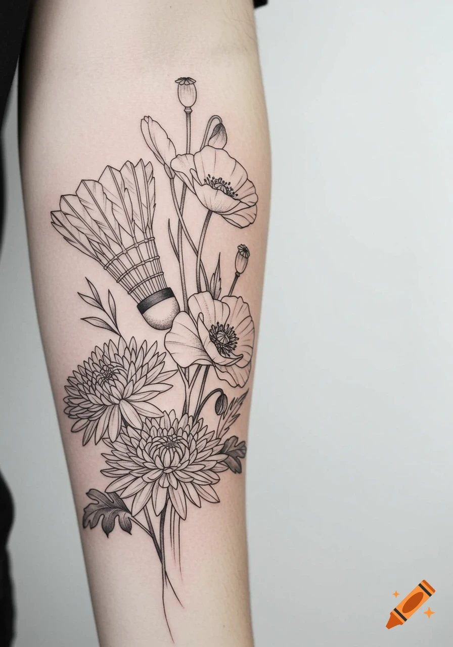 Fineline black ink tattoo on an arm featuring a badminton shuttlecock, chrysanthemum, and poppy flowers in a minimalistic style.