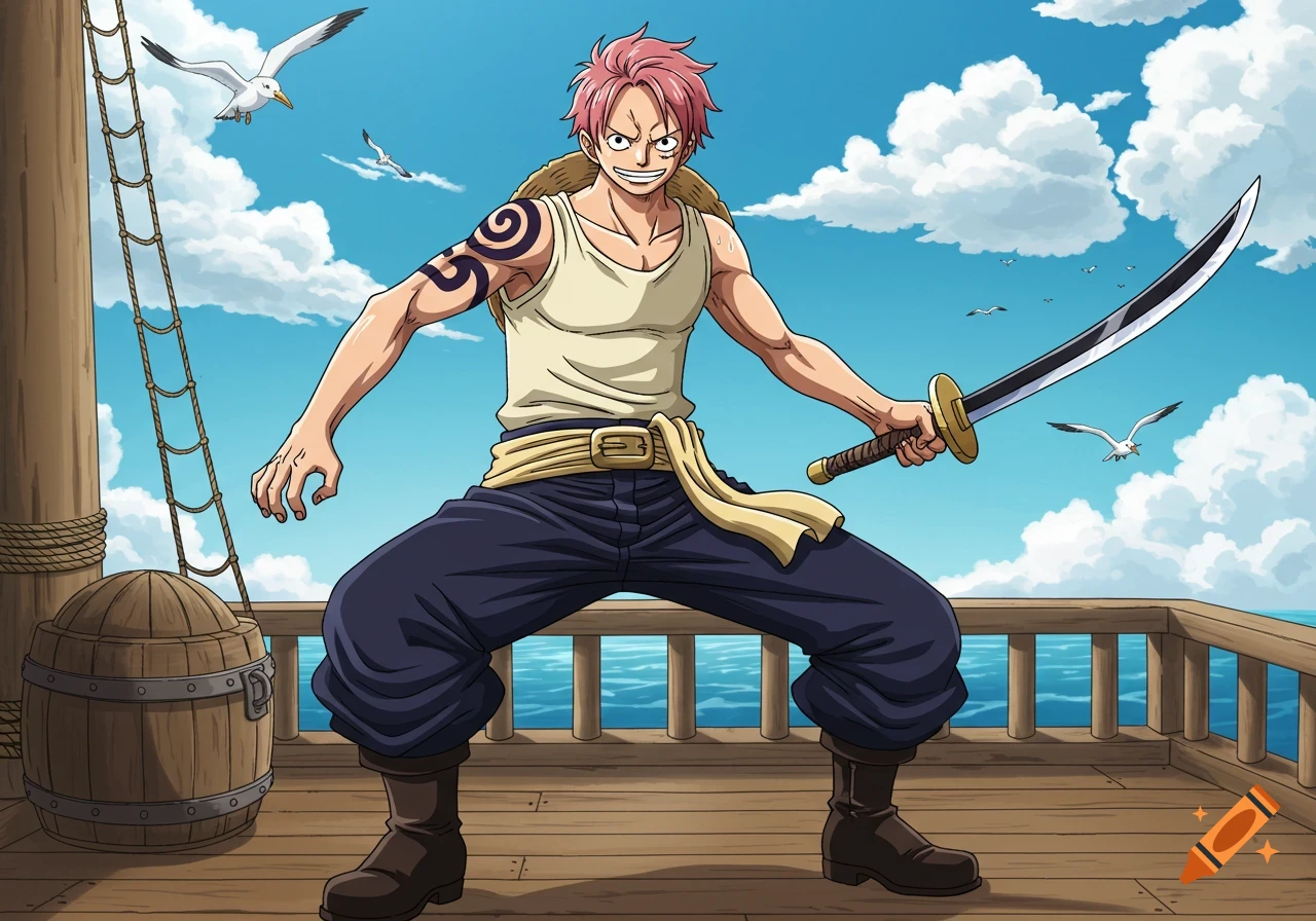 Anime man with pink hair, wearing a cream tank top and baggy pants, standing on a ship deck with a sword, ocean and sky in the background.