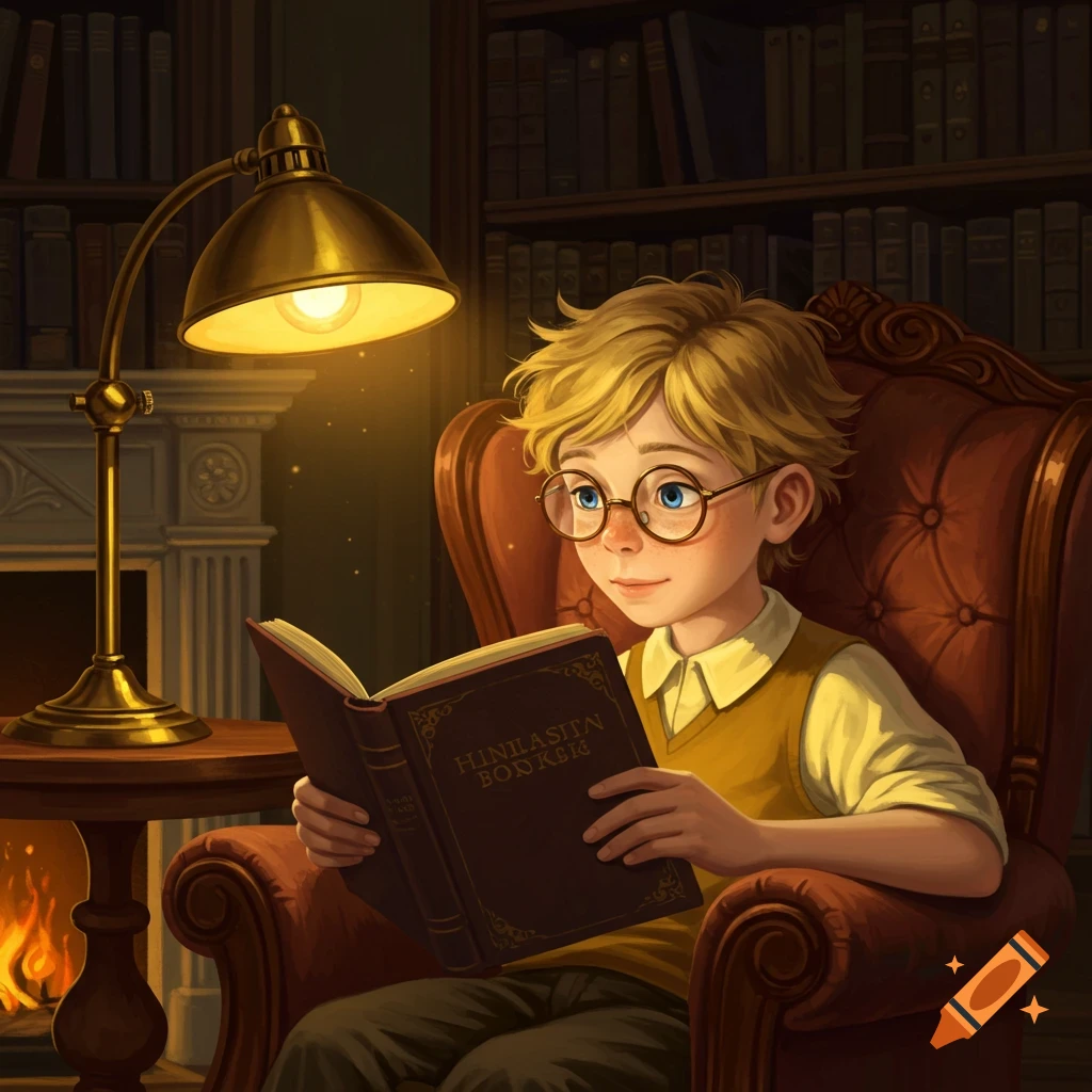 A blonde boy with glasses reads a book under a glowing lamp in a cozy, detailed library with a fireplace, illustration style.