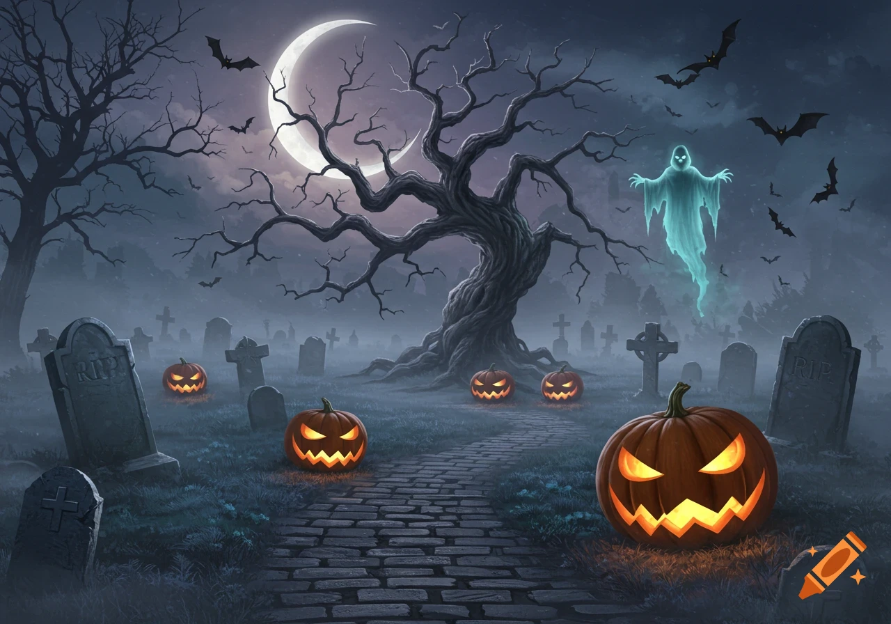 Spooky graveyard at night with glowing jack-o'-lanterns, gravestones, bare trees, a crescent moon, a floating ghost, and bats.
