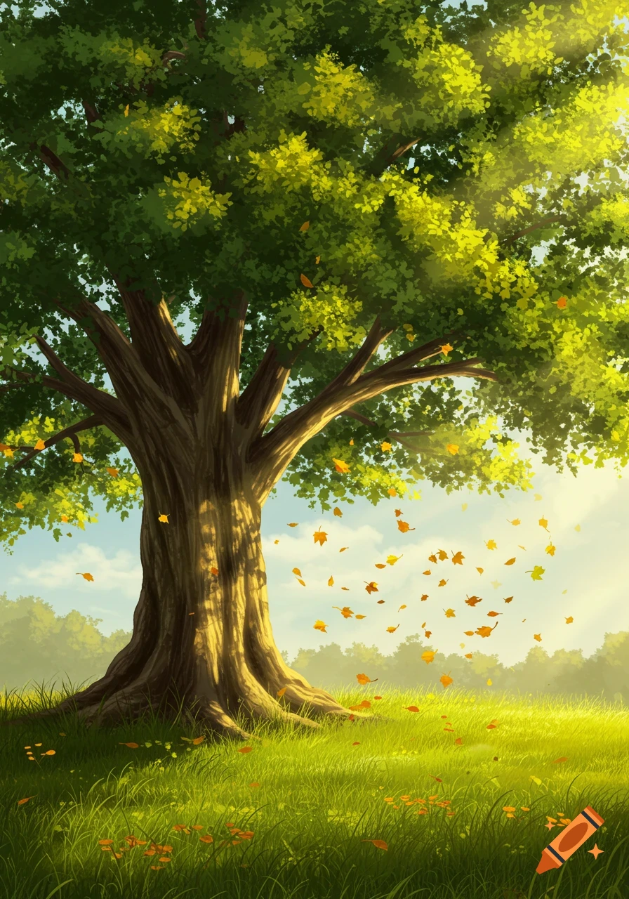 A large, lush green tree stands in a bright green field as yellow and orange leaves fall from its branches.