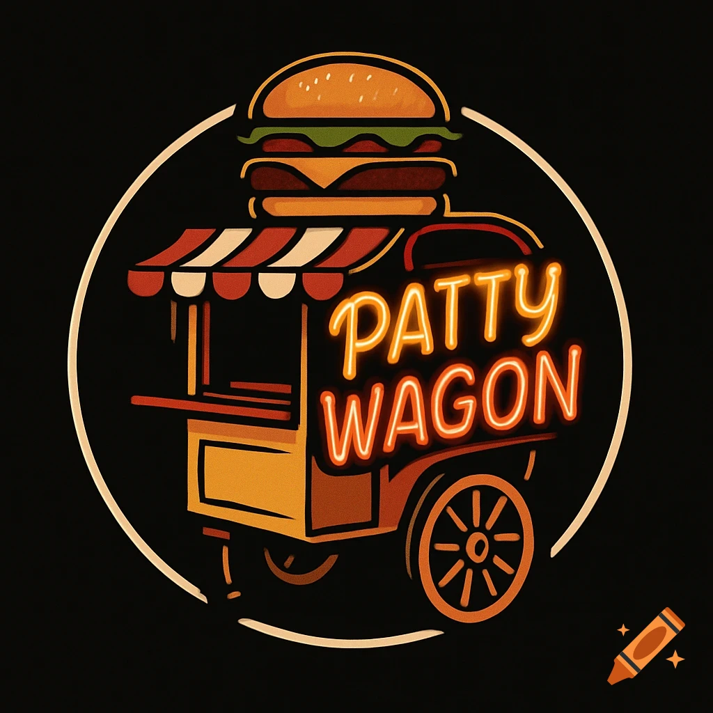 Stylized neon logo for 'Patty Wagon' food cart, featuring a large burger atop a vintage-style cart on a black background.