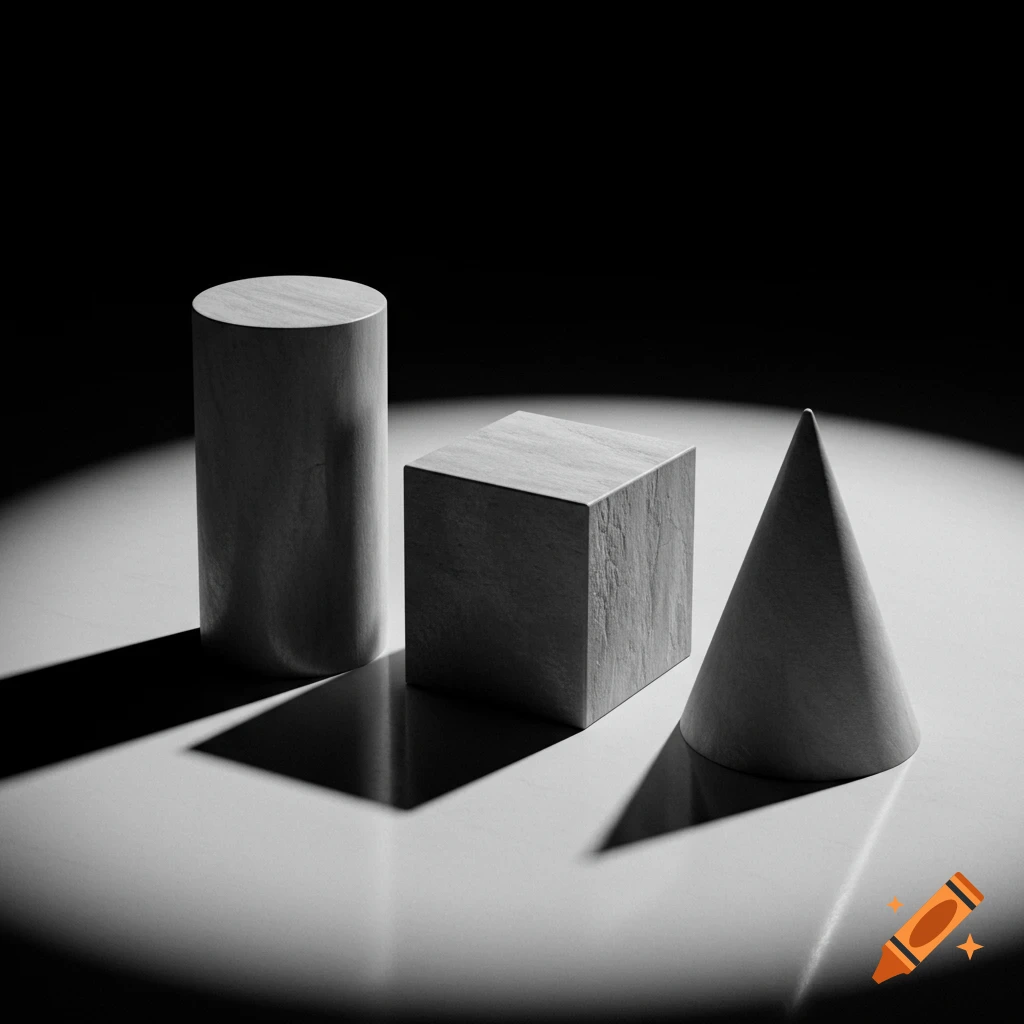 Black and white photorealistic image of a cylinder, cube, and cone lit from above right, casting dramatic shadows.