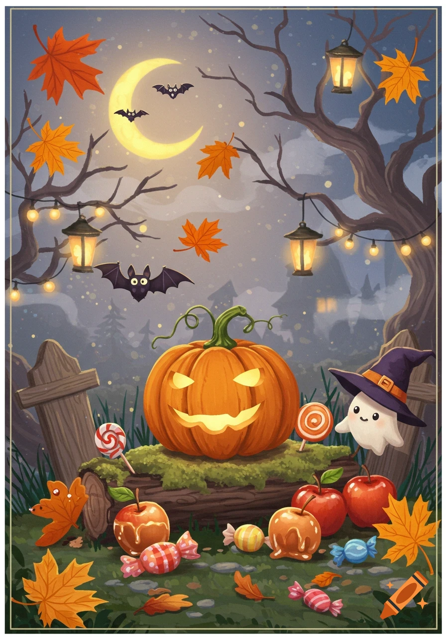 Whimsical Halloween scene with a glowing jack-o'-lantern, a cute ghost in a witch hat, bats, candy, and autumn leaves under a crescent moon.