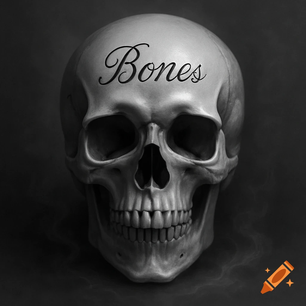 Grayscale front view of a human skull with the word 'Bones' written on its forehead in a script font.