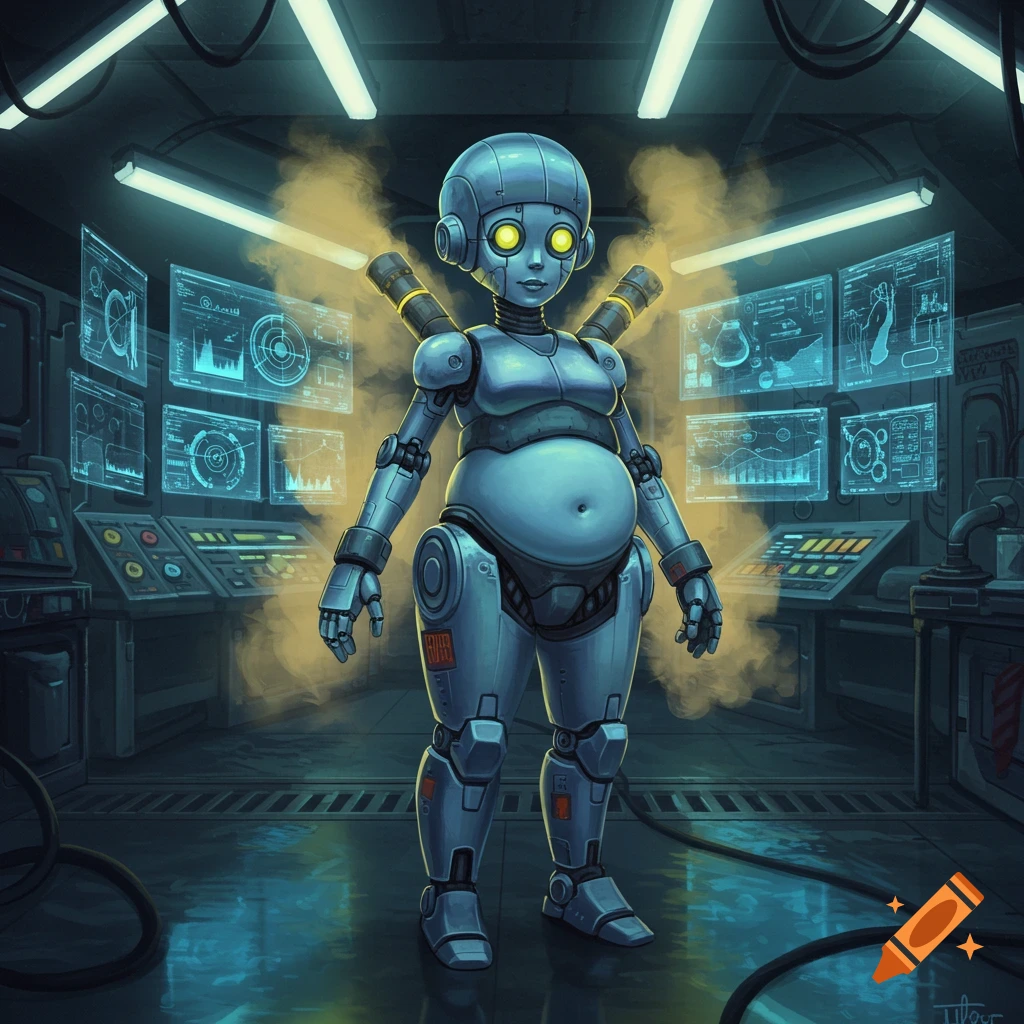 A blue robot with a chubby stomach stands in a futuristic lab with glowing screens. Cartoonish art style.