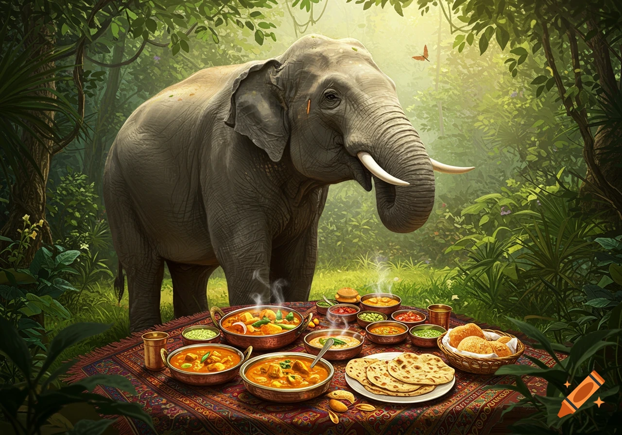 A majestic elephant stands behind a low table laden with various steaming Indian curry dishes and flatbread in a lush jungle.