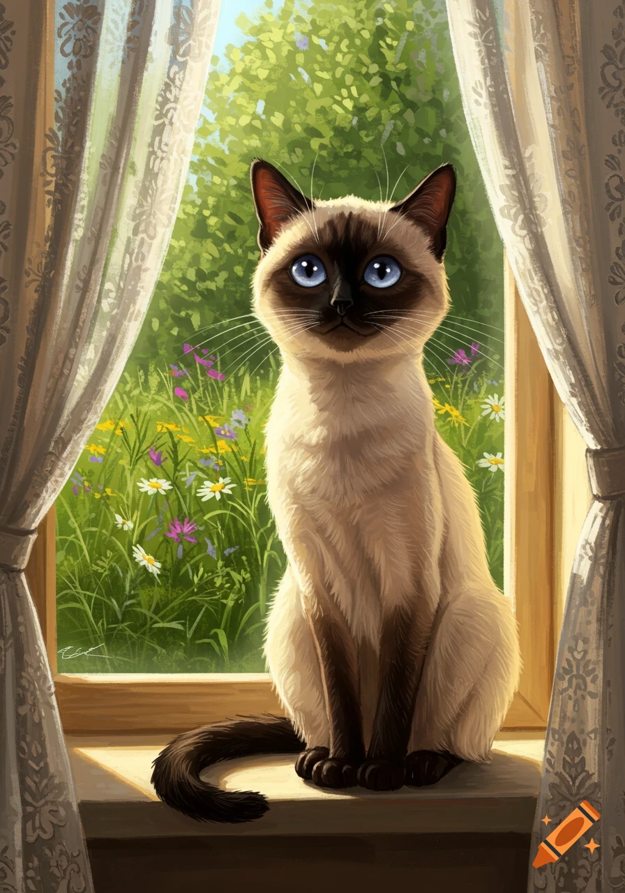 A cute Siamese cat with bright blue eyes sits on a windowsill, looking out at a sunny green garden with wildflowers, in a digital painting style.