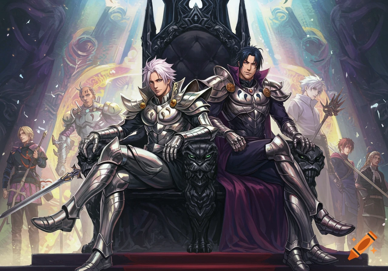 Two anime men in ornate silver and dark armor sit on a black, spiky throne, flanked by other warriors in a grand, illuminated hall.