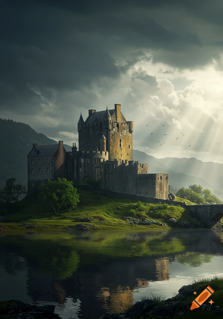 A majestic stone castle with multiple towers sits on a grassy hill next to a tranquil lake, under a dramatic sky with sun rays.
