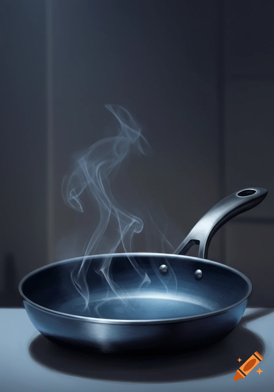 Dark still life of a steaming non-stick frying pan on a counter.