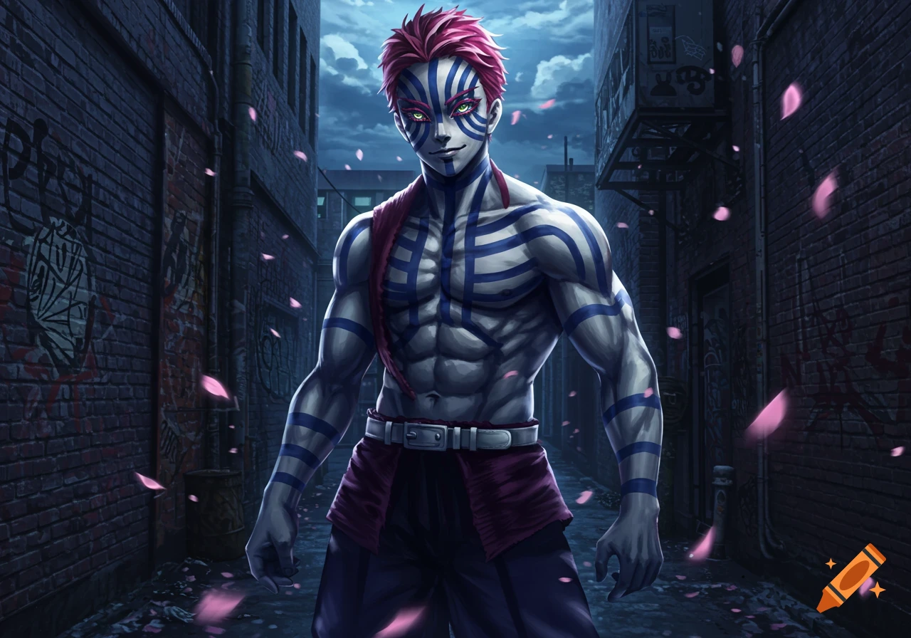 Akaza, a muscular anime character with pink hair and blue stripes, stands shirtless in a dark urban alley with pink petals falling.