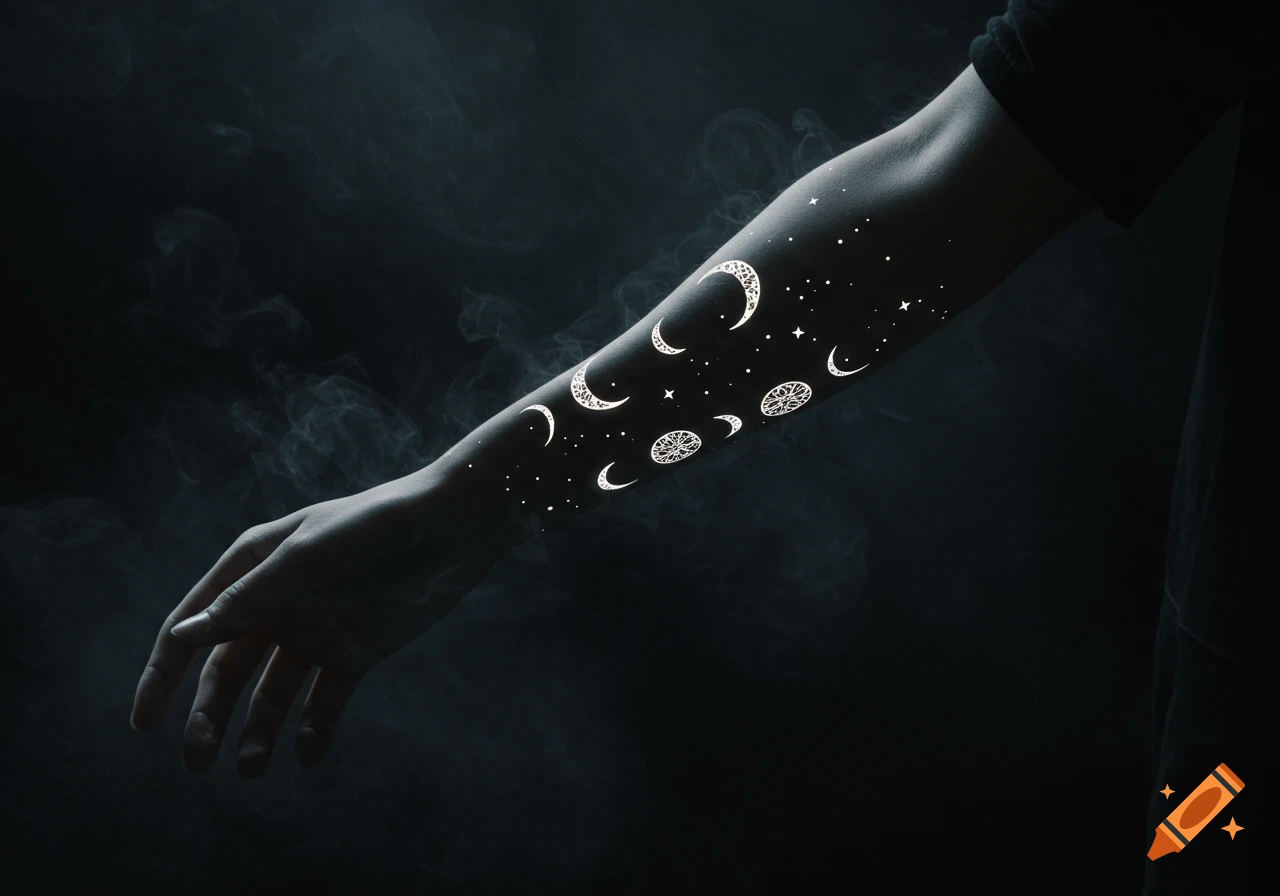 A forearm in a dark setting, adorned with bright white glowing, intricate moon and star patterns, like a magical tattoo.