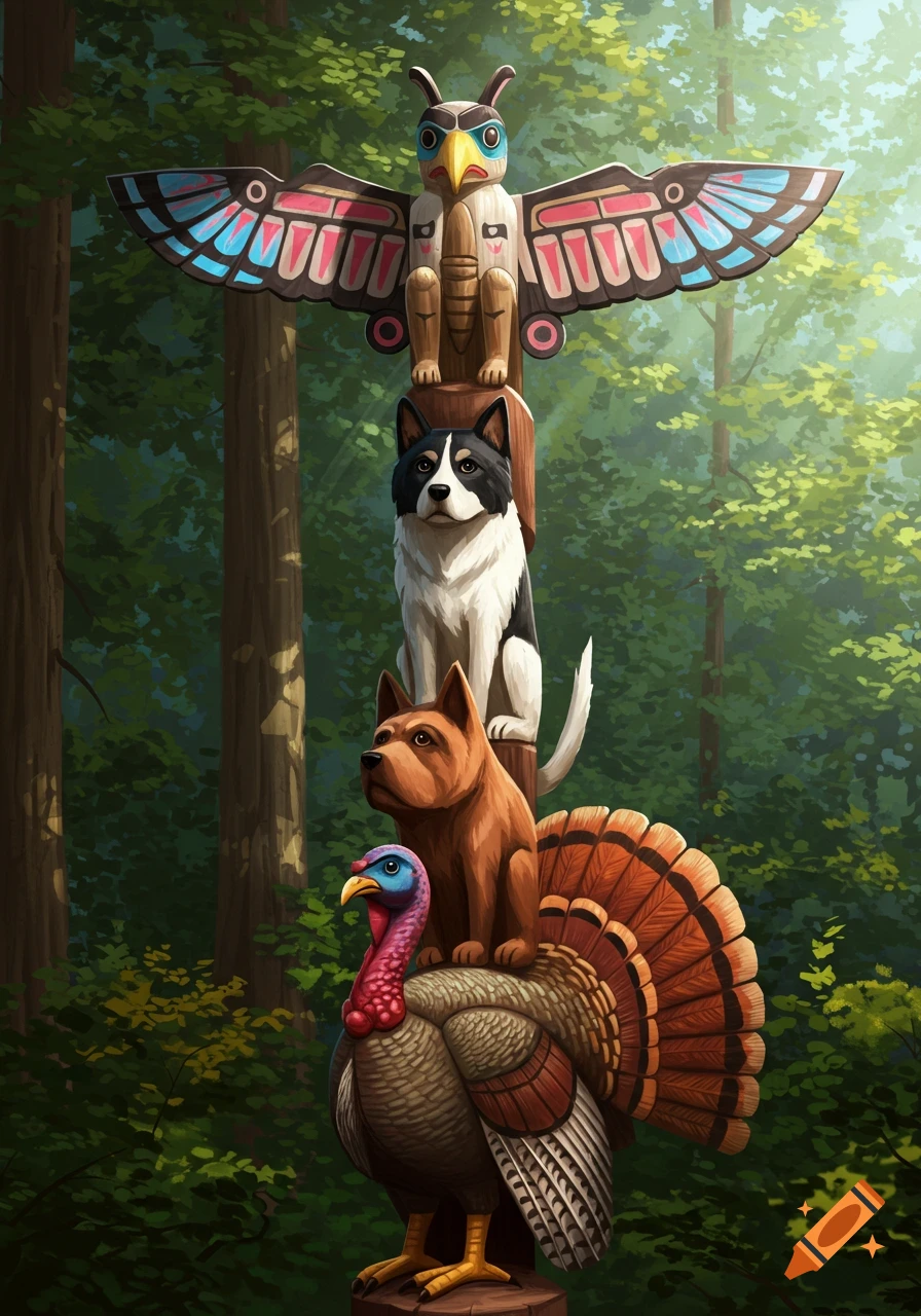 A stylized wooden totem pole featuring an eagle, two dogs, and a turkey, set in a vibrant green forest illustration.