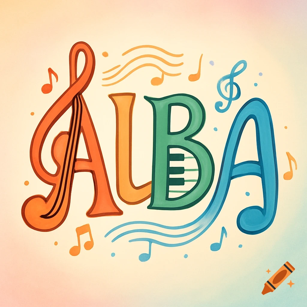 Colorful, stylized typography for the name ALBA, integrated with musical notes and symbols on a light background.