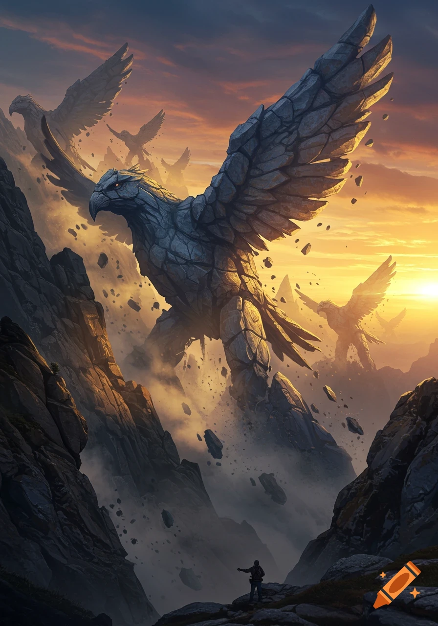 Massive stone eagles fly through a dramatic mountain range at sunset, with rock debris falling. A small figure observes from below.