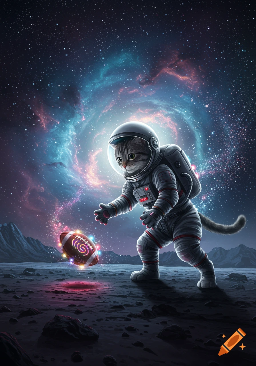 An astronaut tabby cat on a rocky planet reaches for a glowing football, with a colorful nebula and stars in the background.