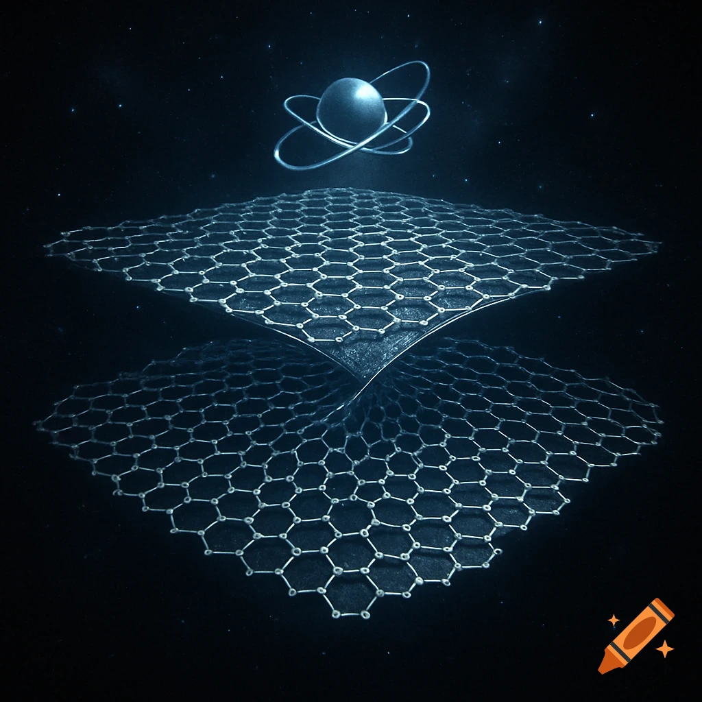 Abstract digital art: two hexagonal graphene layers twist over each other, with a glowing atom floating above in a dark, starry sky.