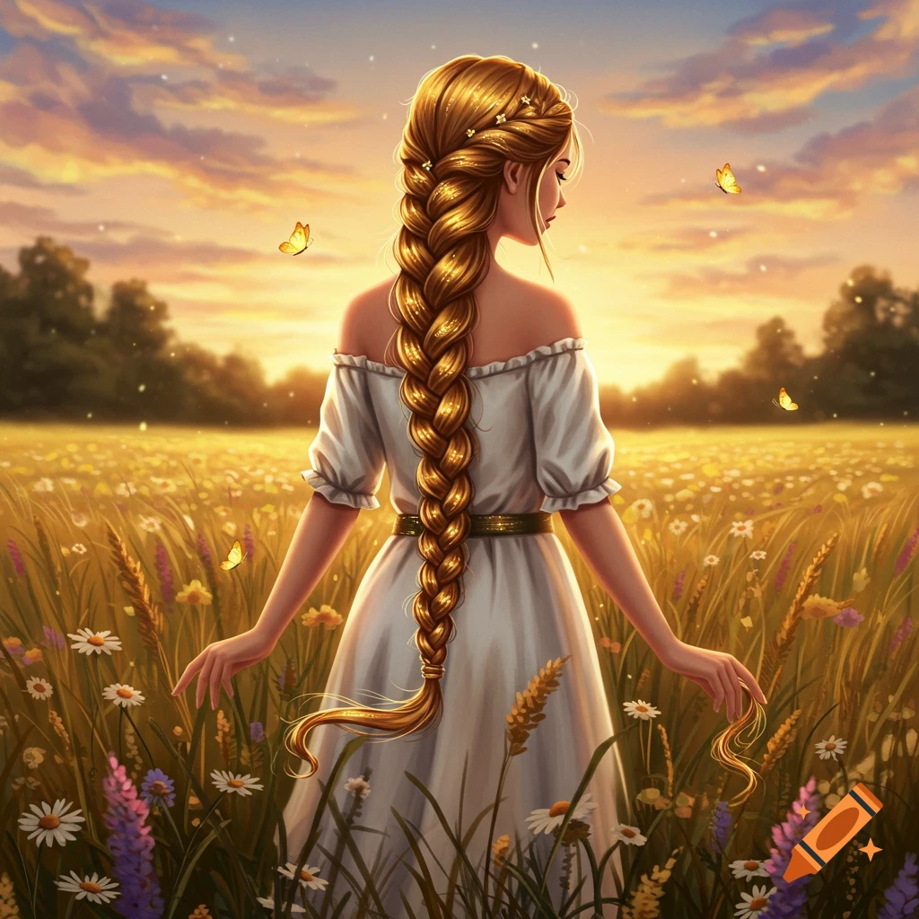 Illustrated woman with a long golden braid, seen from behind, standing in a wildflower field at sunset with butterflies.