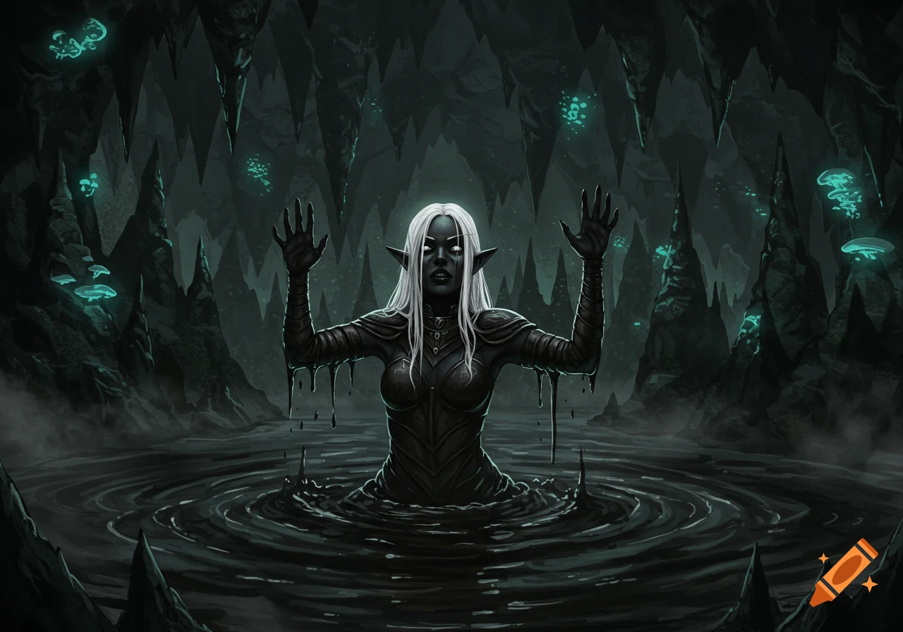 Dark elf woman with white hair emerging from a tar pool in a glowing cavern, hands raised in dark fantasy art style.