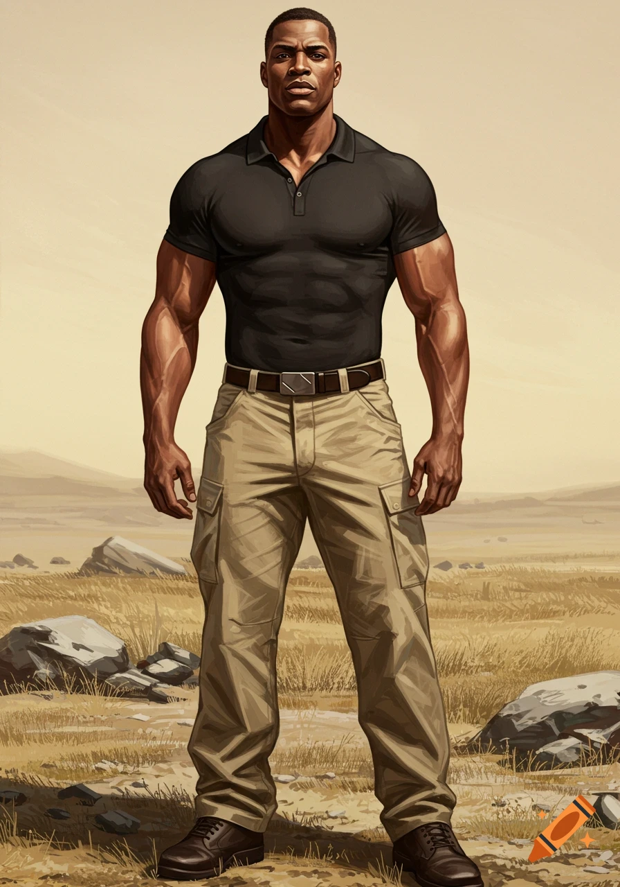 Muscular Black man in a black polo and beige cargo pants standing in a rocky, grassy field. Illustration style.