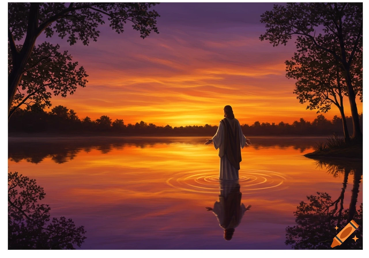 Jesus stands in a lake at sunset, with ripples around him and his reflection visible below. Vibrant sky and natural setting.