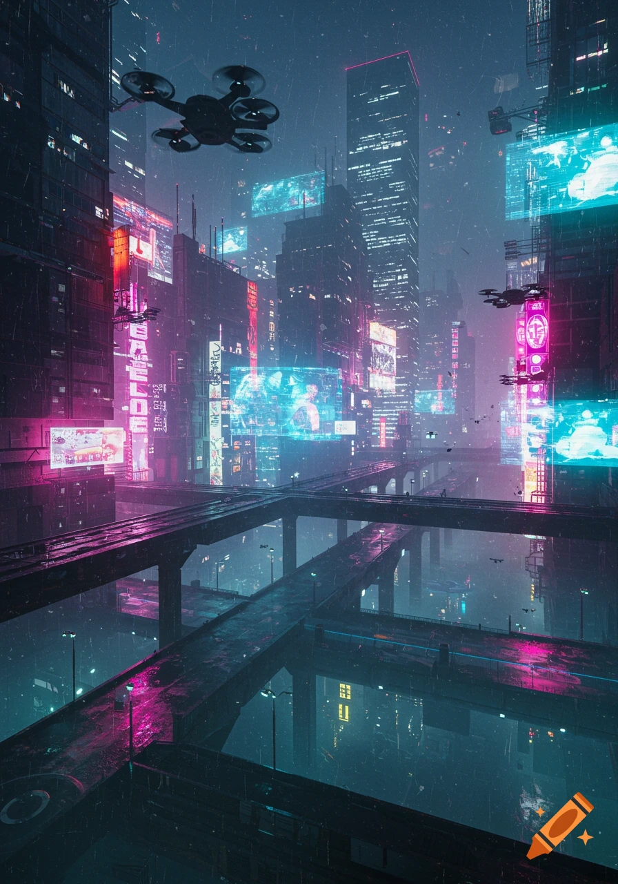 A dark, rainy cyberpunk city at night, with towering skyscrapers, glowing neon signs, elevated roads, and drones flying.