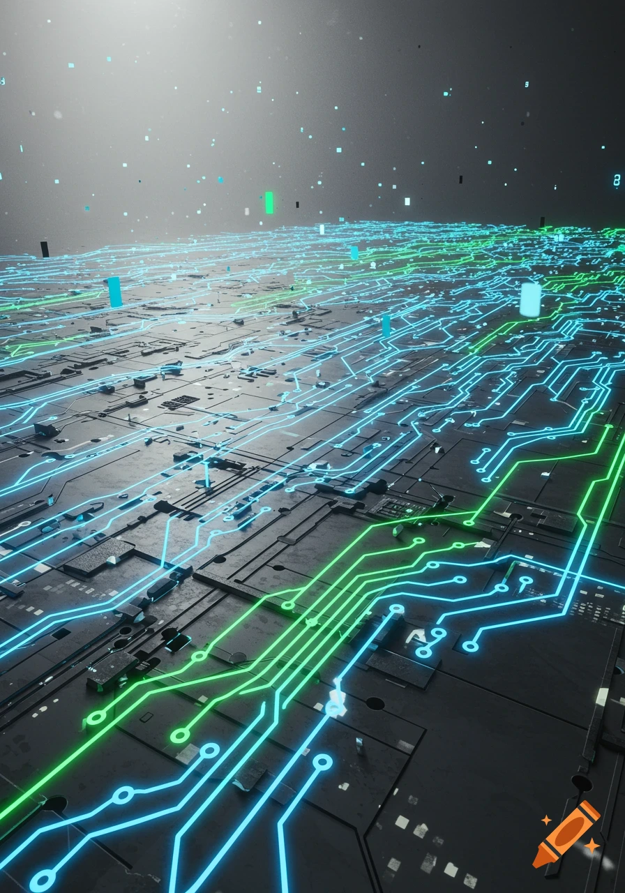 A sprawling circuit board with glowing blue and green lines extending into the distance, with small digital particles floating above.
