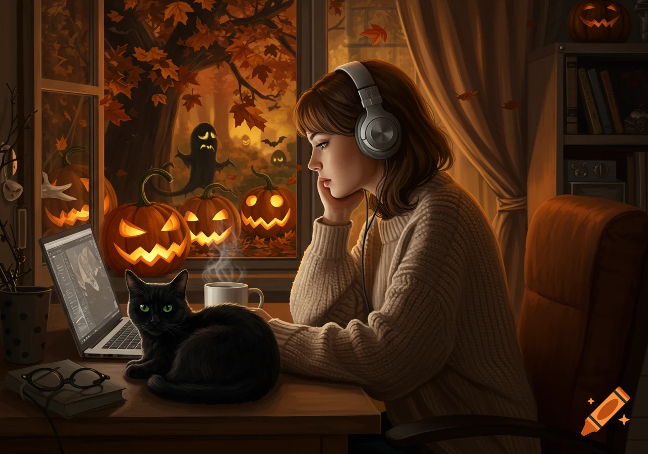 A girl with headphones sits at her desk with a black cat and laptop, enjoying a cozy Halloween view outside with pumpkins and ghosts.