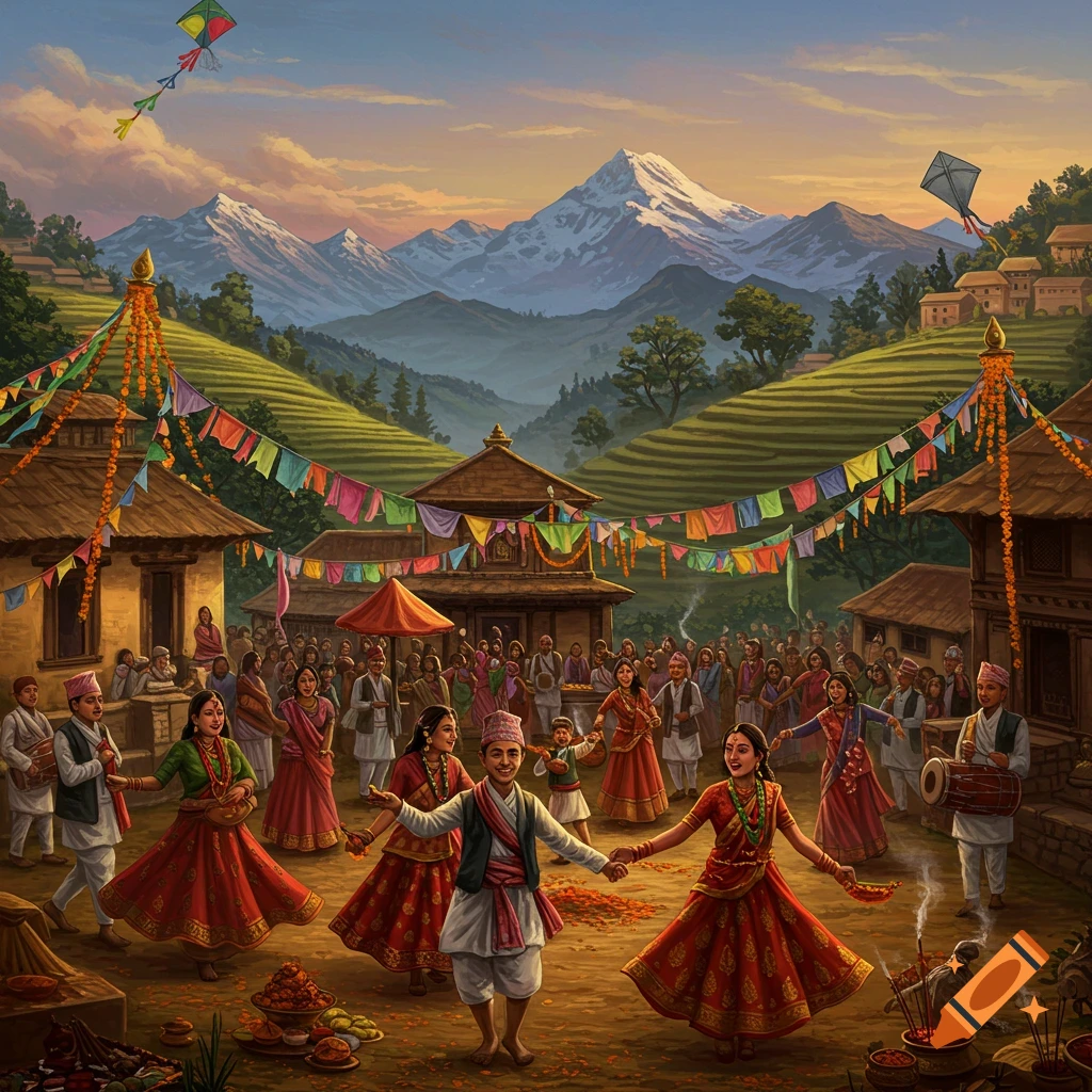 Colorful artwork of people in traditional attire dancing and celebrating a festival in a mountainous village adorned with flags and garlands.
