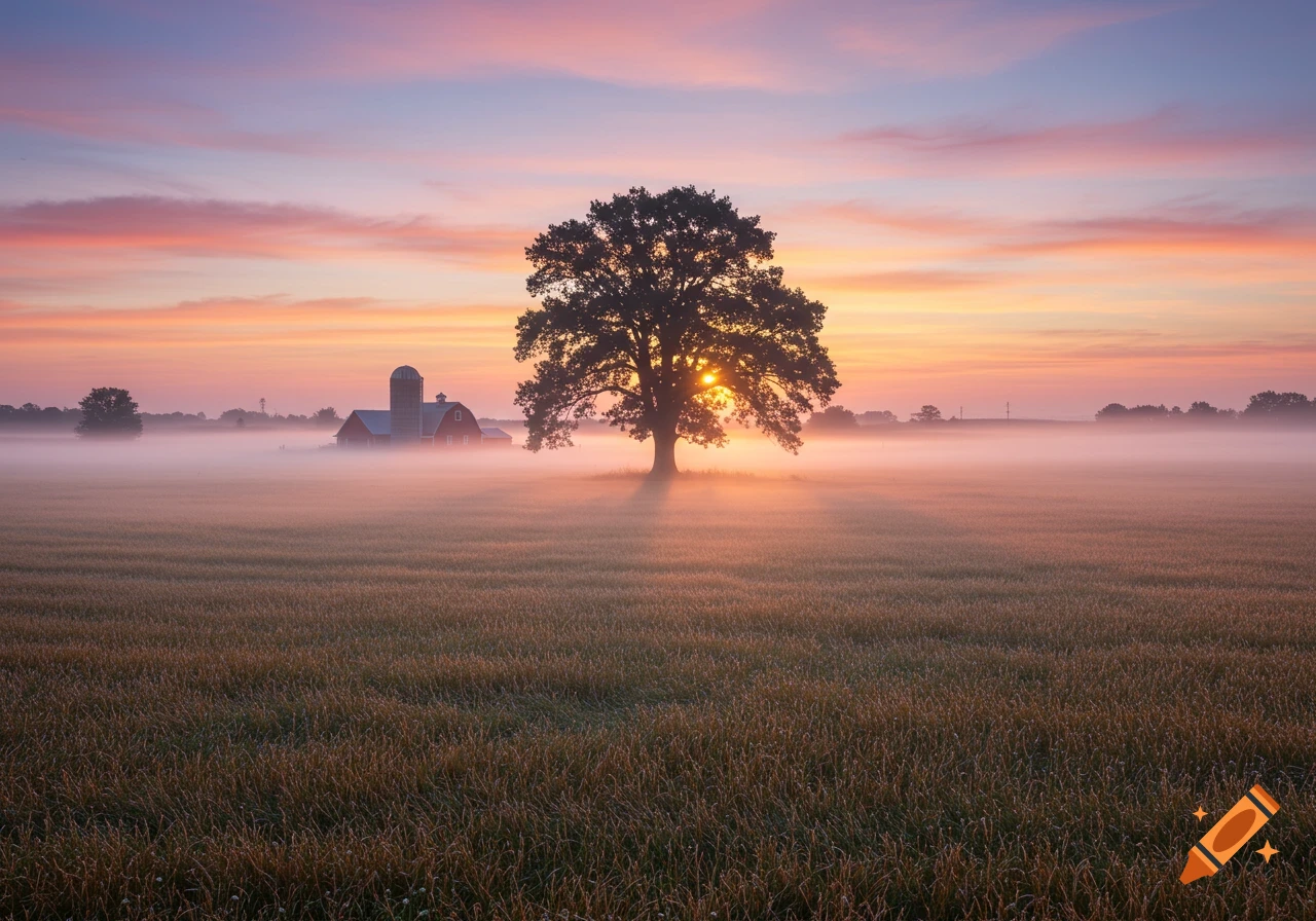 A serene sunrise over a foggy rural landscape with a red barn, silo, and large silhouetted tree in a field.