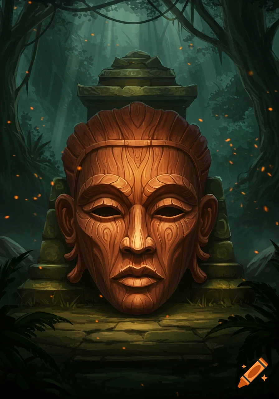 A detailed wooden mask stands before ancient stone ruins in a dimly lit, overgrown jungle, with glowing particles in the air.