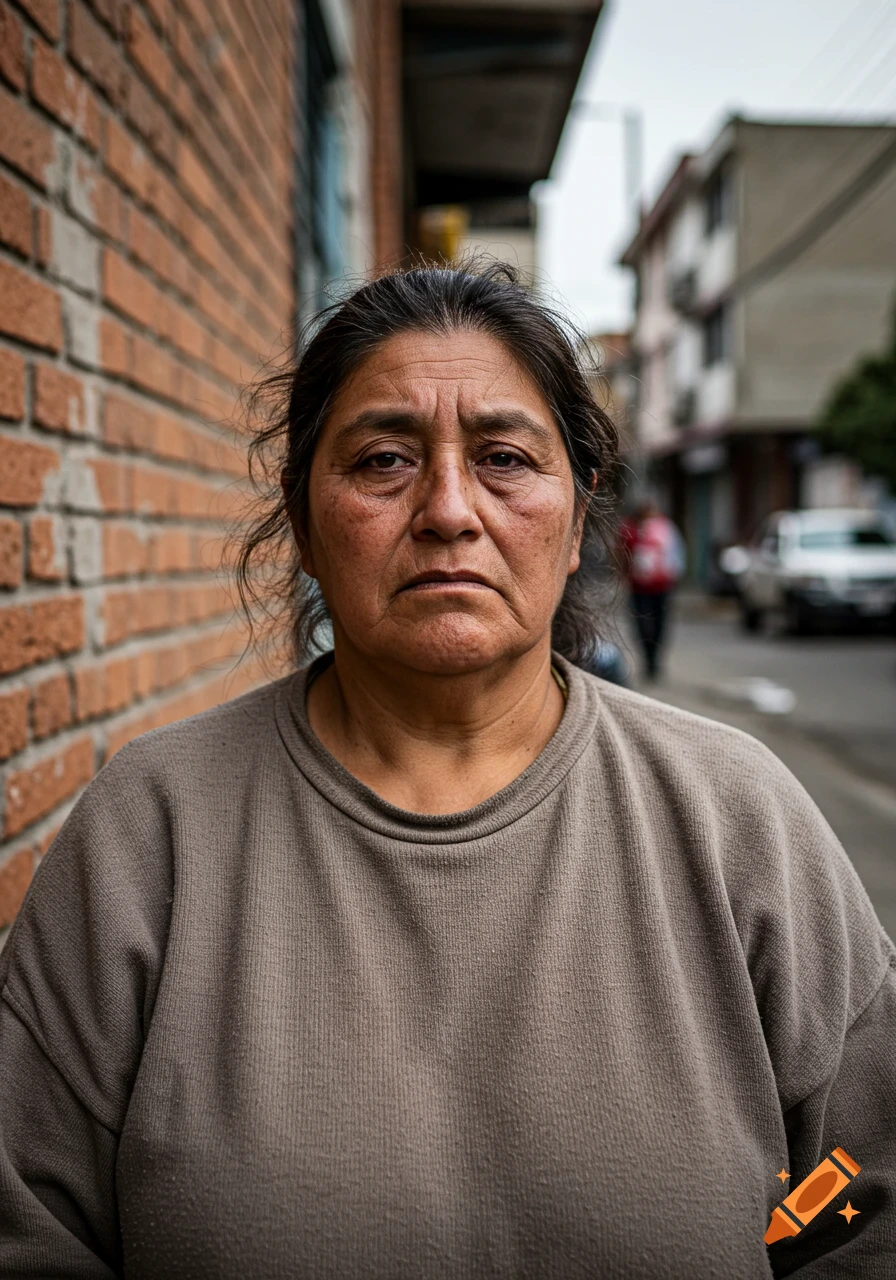 A close-up, photorealistic portrait of a middle-aged woman with dark hair and a serious expression, standing on a street next to a brick wall.