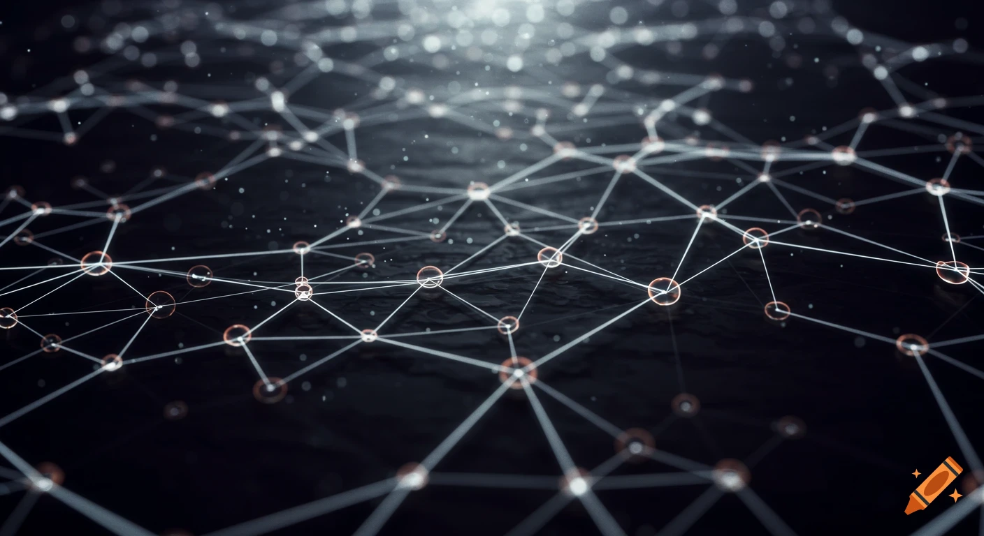 Futuristic digital network with glowing interconnected nodes, white lines, and shimmering data particles on a dark background.