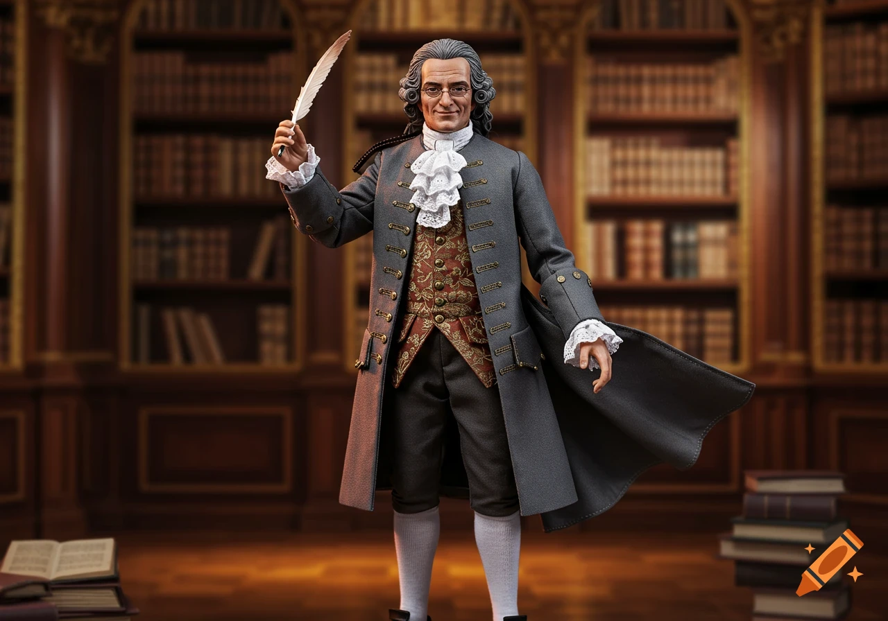 A detailed action figure of Voltaire, dressed in 18th-century attire, holding a quill pen in a library.
