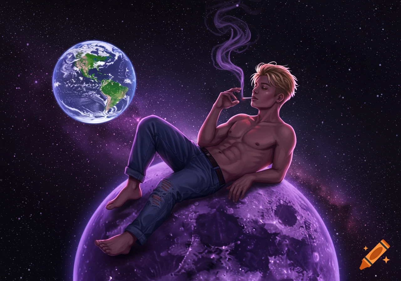 A blonde man with abs reclines on a purple moon, smoking, with Earth visible in the cosmic background. Digital art.