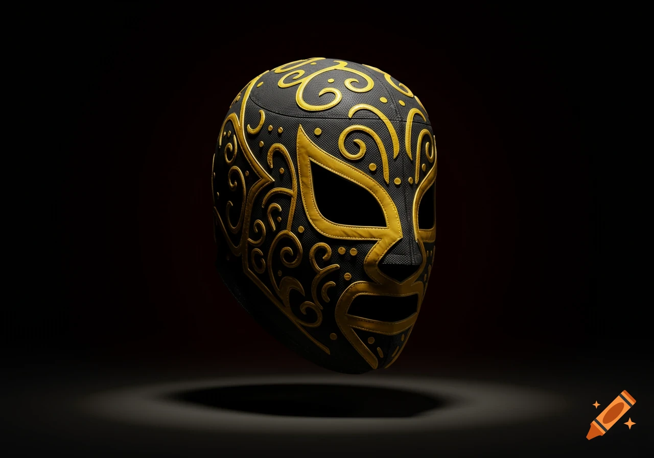 A black luchador mask with intricate gold filigree patterns, floating against a dark background with dramatic lighting.
