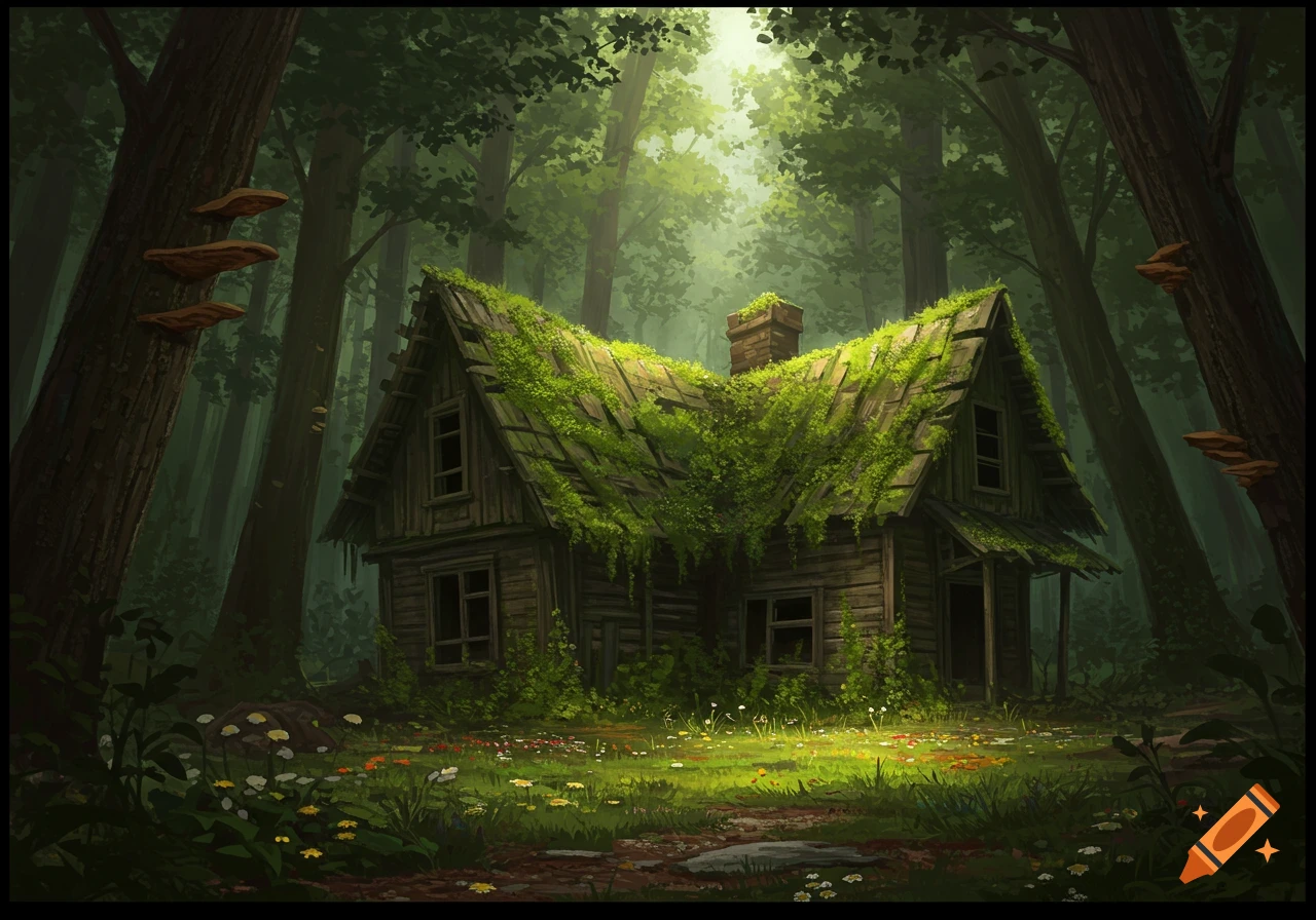 An old, moss-covered wooden house stands in the middle of a lush, sunlit forest clearing with wildflowers.