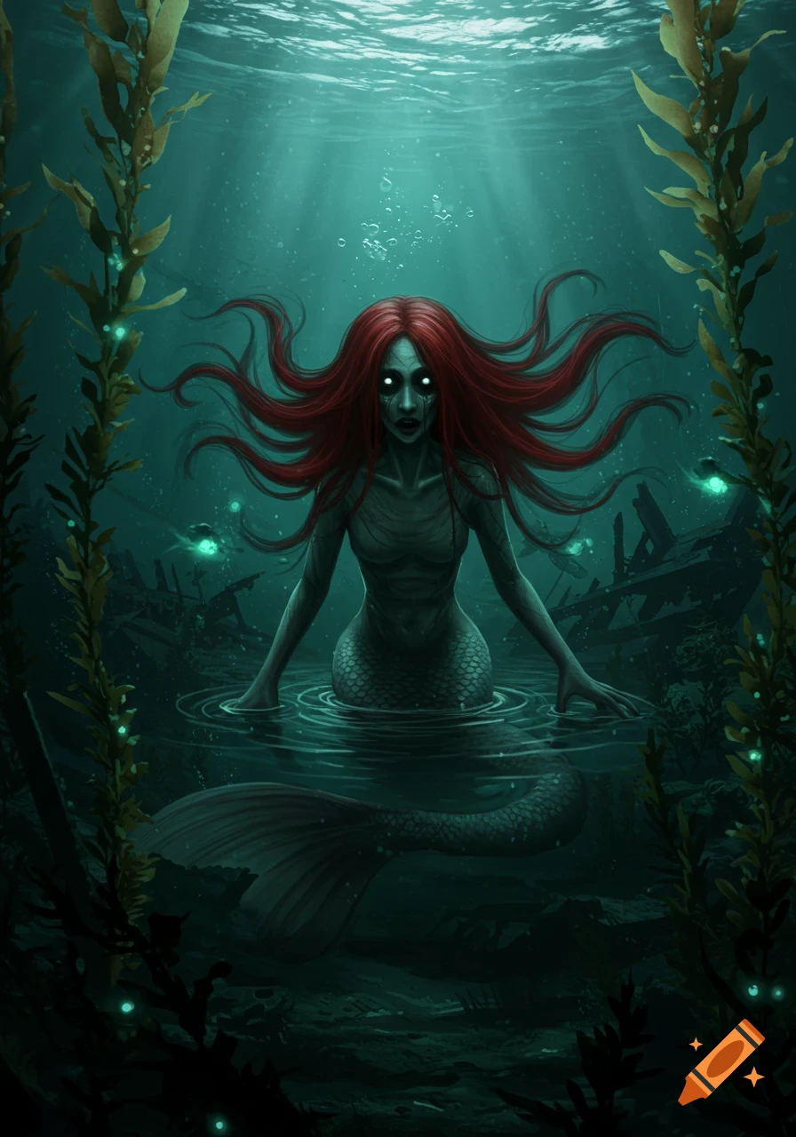 A horror-style mermaid with long red hair and glowing white eyes rises from dark green water, surrounded by kelp and sunken ship debris underwater.