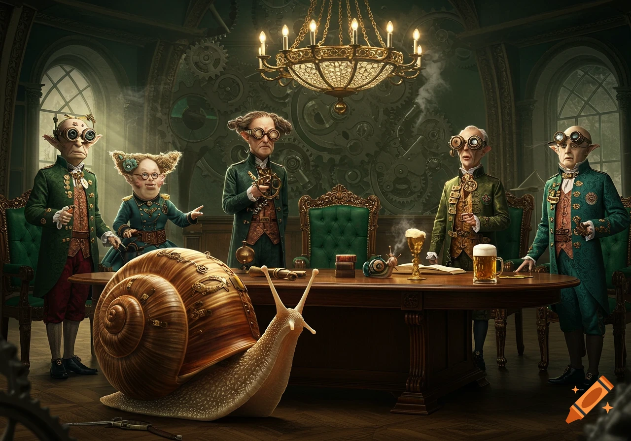 Steampunk gnome-like figures in an ornate, gear-filled room observe a giant snail on the polished floor.