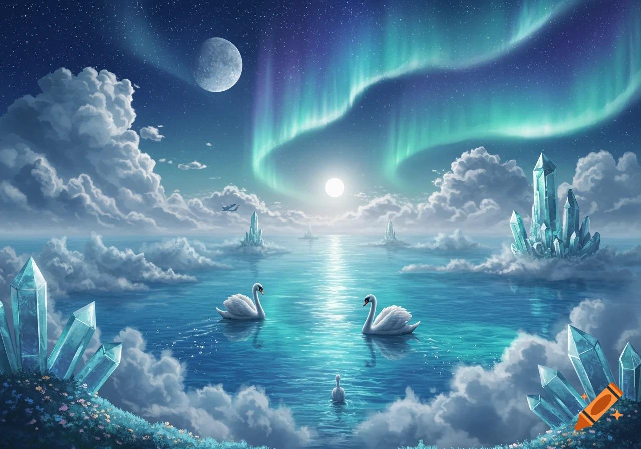 Two swans and a cygnet on a crystal lake under a starry sky with a moon and aurora borealis, surrounded by clouds and large crystals.