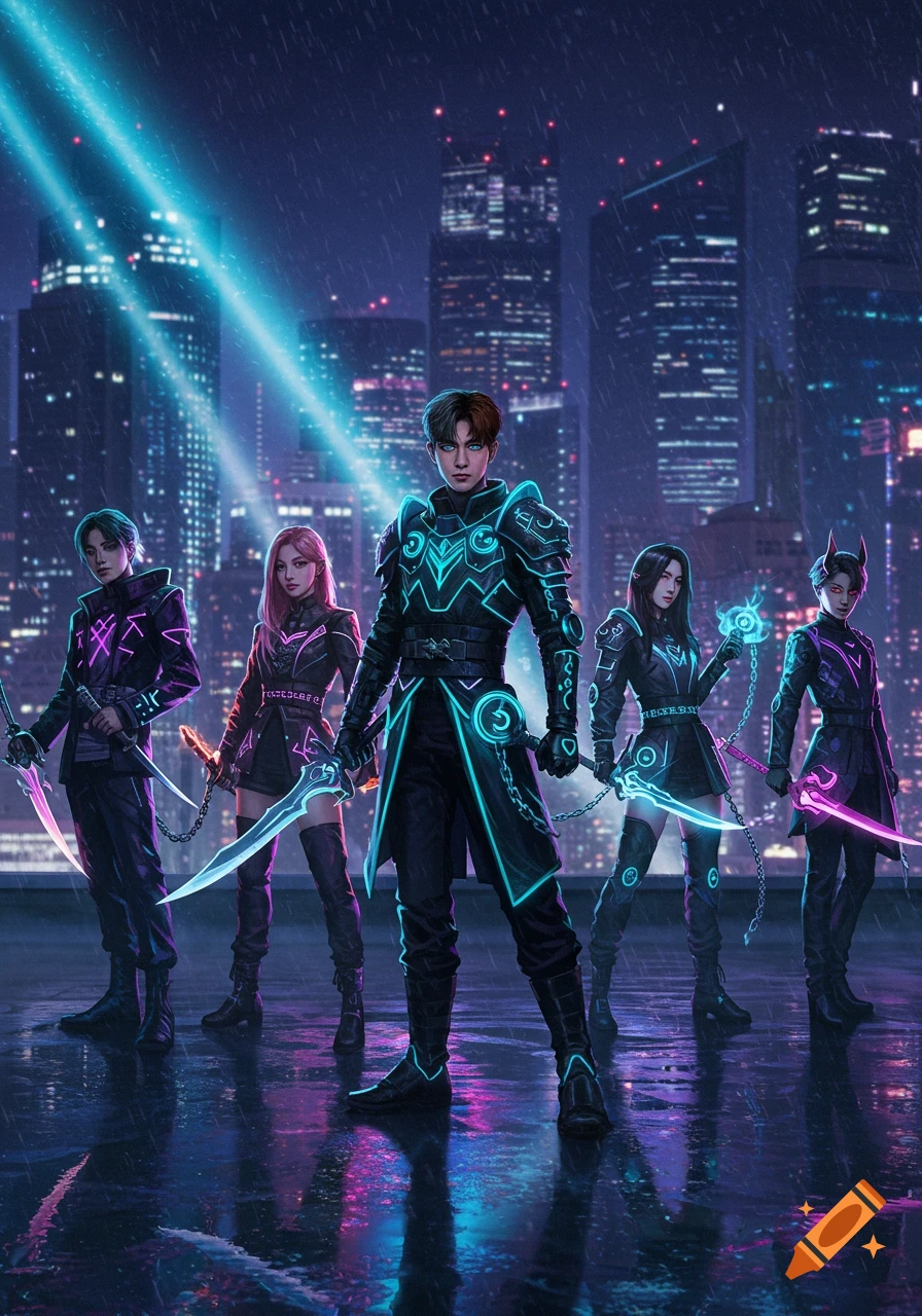 Five kpop-inspired demon hunters in glowing armor stand on a rainy cyberpunk rooftop with neon reflections.