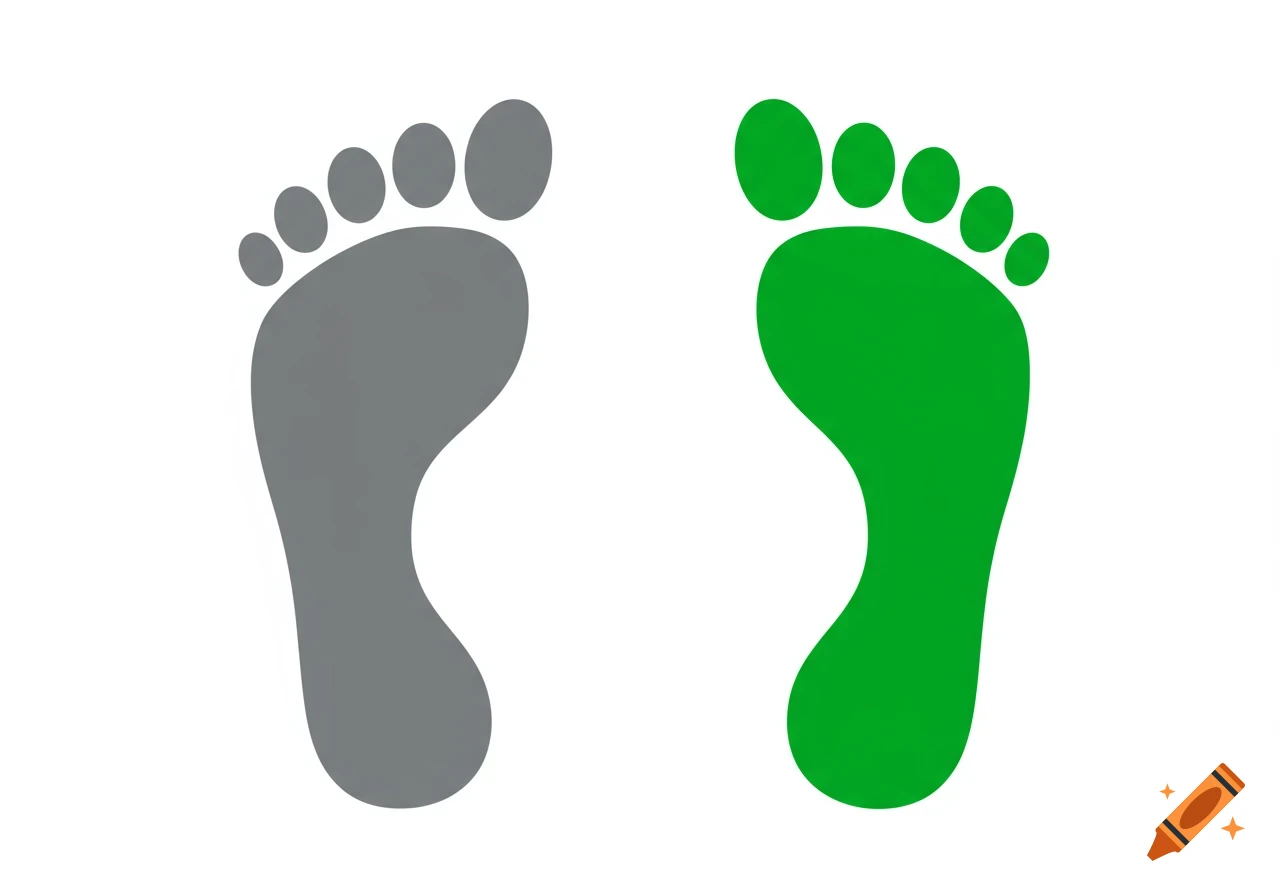 A grey left footprint and a green right footprint in a minimalist style on a white background.