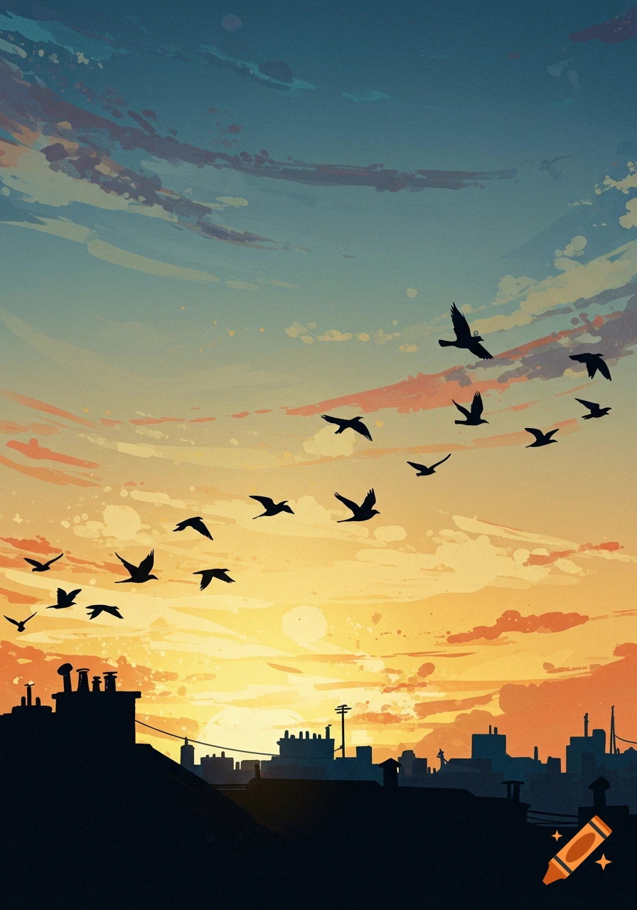Stylized image of silhouetted birds flying over a city skyline at sunset or sunrise.