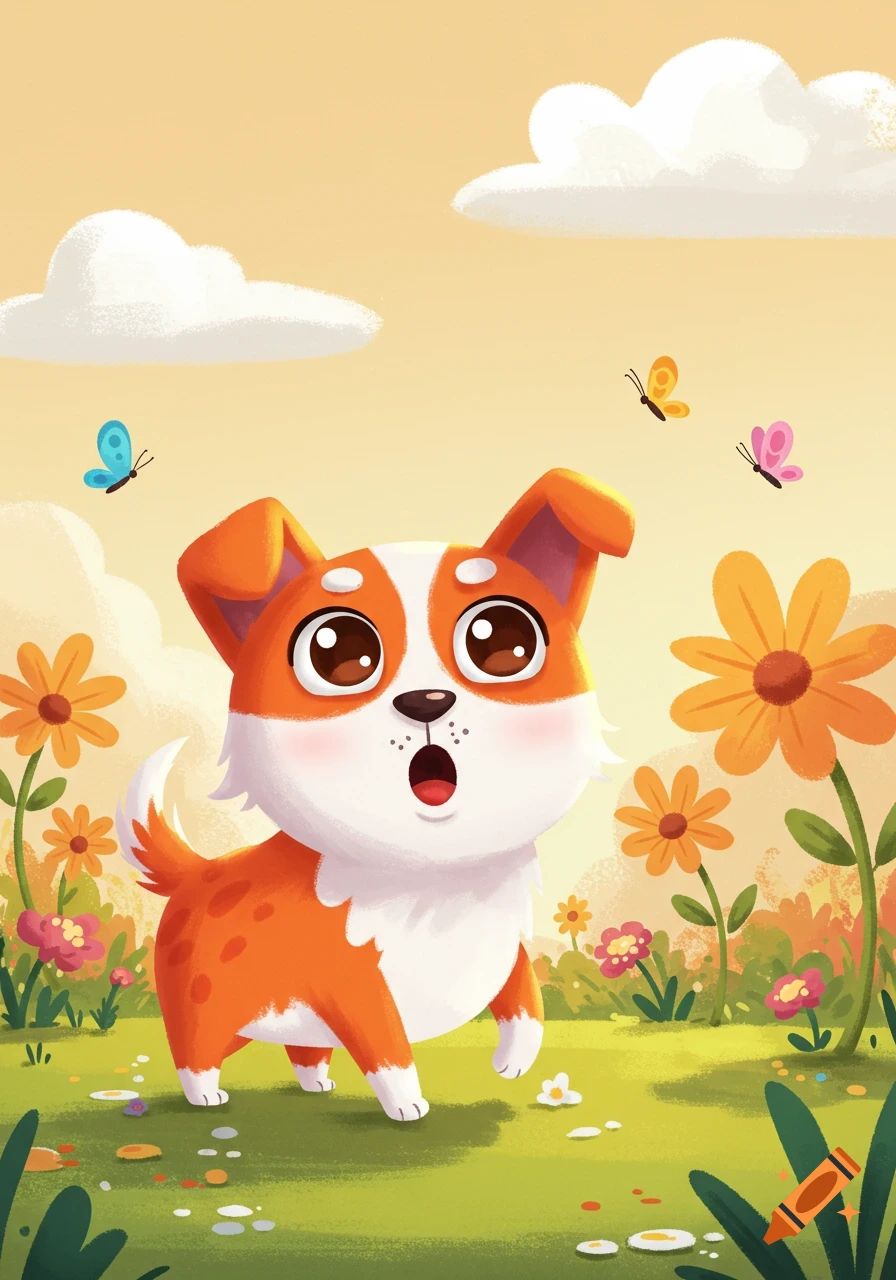 A cute, wide-eyed cartoon puppy looks surprised in a sunny green field with colorful flowers and butterflies.