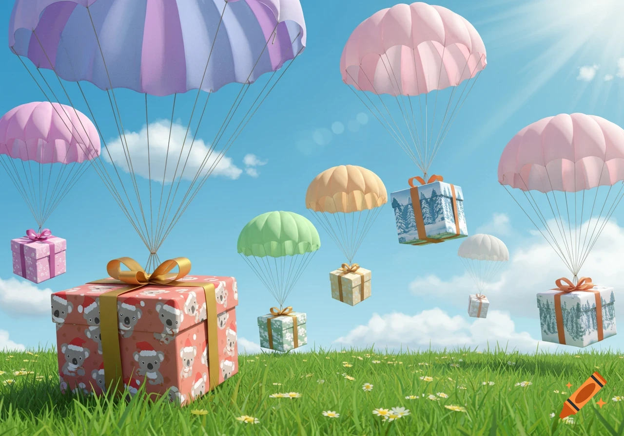 Colorful parachutes gently lower festive gift boxes onto a sunny green field with small white flowers, digital art style.