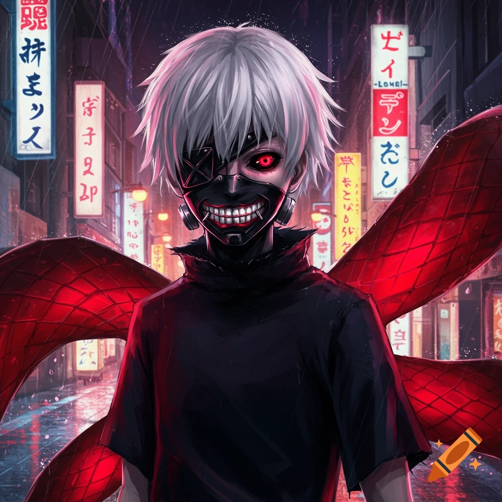 A white-haired anime character, Ken Kaneki, wearing a black mask with sharp teeth and glowing red eyes, stands in a rainy neon-lit city at night, with red kagune tendrils emerging from his back.