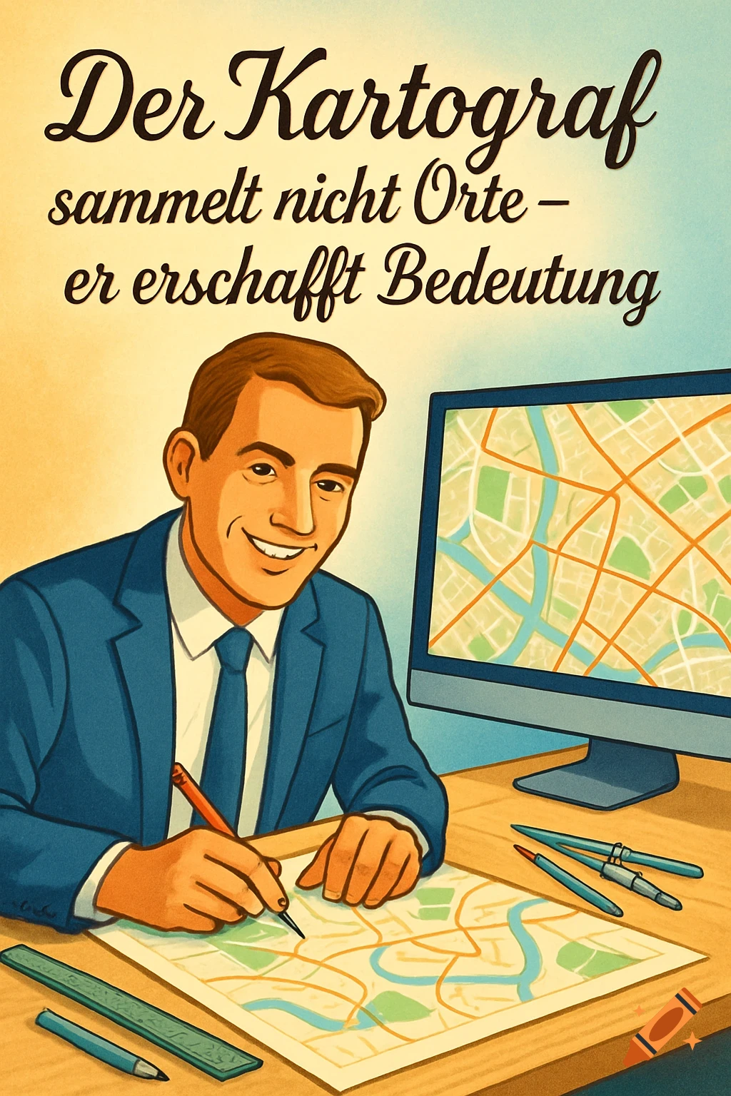 A friendly man in a blue suit draws a map at a desk, with a computer showing a map, in a vintage poster style. German text.
